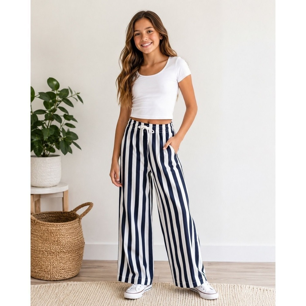 Polo Ralph Lauren Girls Navy Blue White Striped Wide Leg Drawstring Pants 16 NWT